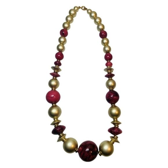 Vintage Graduated Gold Mauve Swirl Ball Beaded Disc Statement Necklace 19” - Picture 3 of 5